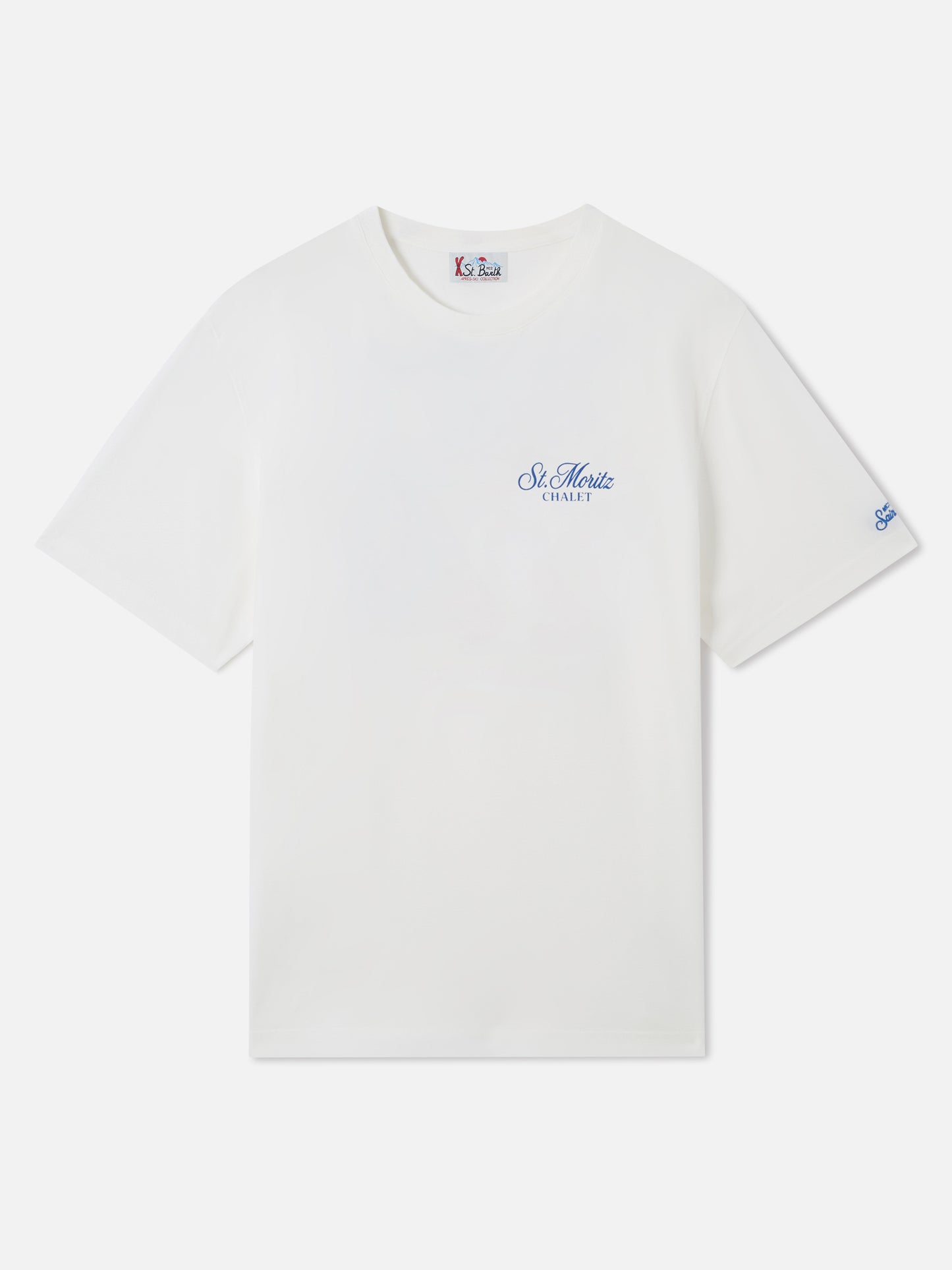 Arnott crewneck t-shirt in white with St. Moritz Chalet print
