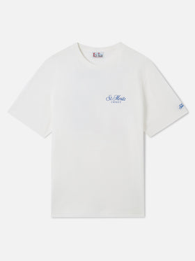 Arnott crewneck t-shirt in white with St. Moritz Chalet print