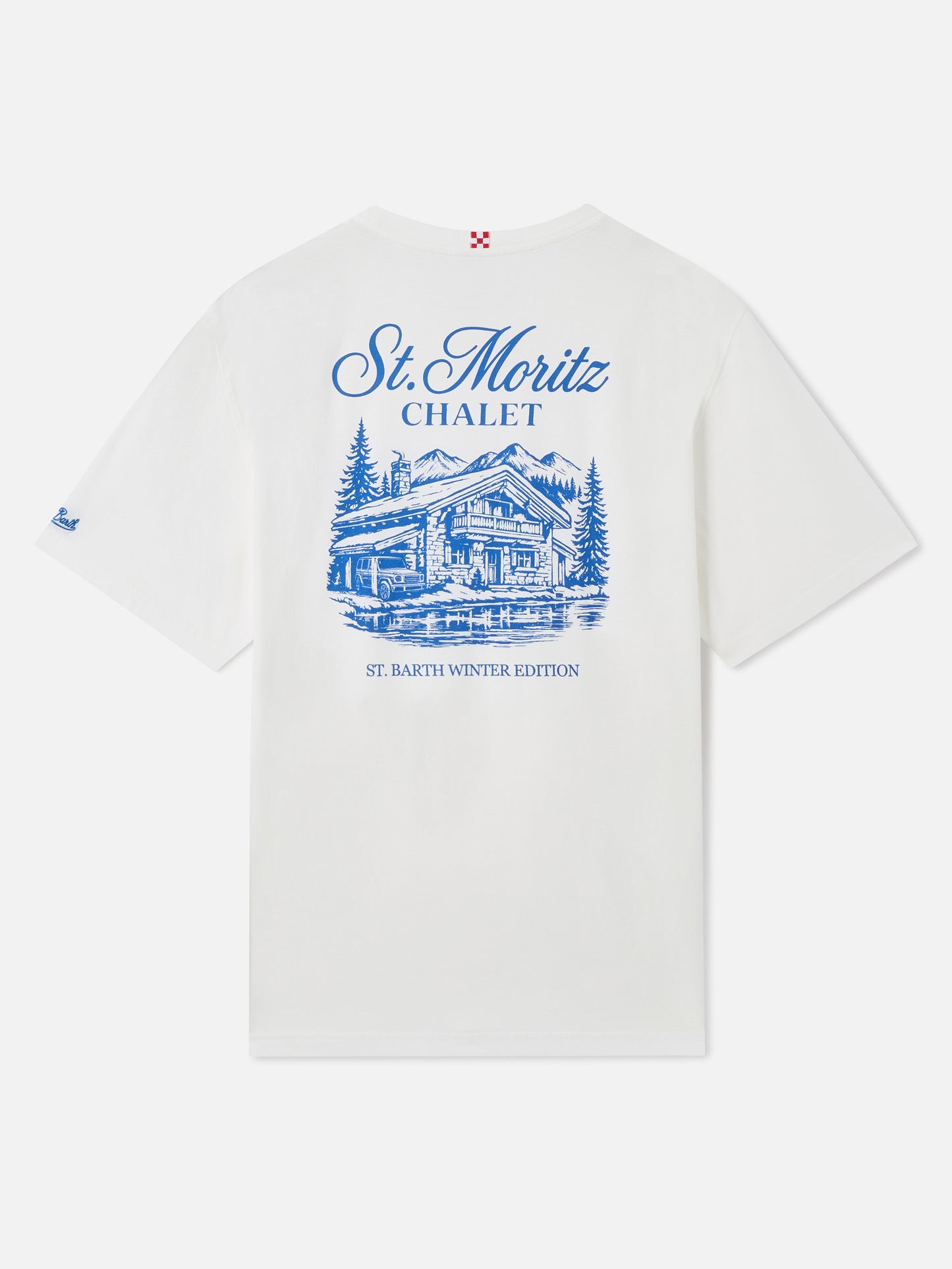 Arnott crewneck t-shirt in white with St. Moritz Chalet print