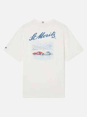 T-shirt blanc Arnott en coton biologique chaud avec imprimé St. Moritz au dos | Special edition 