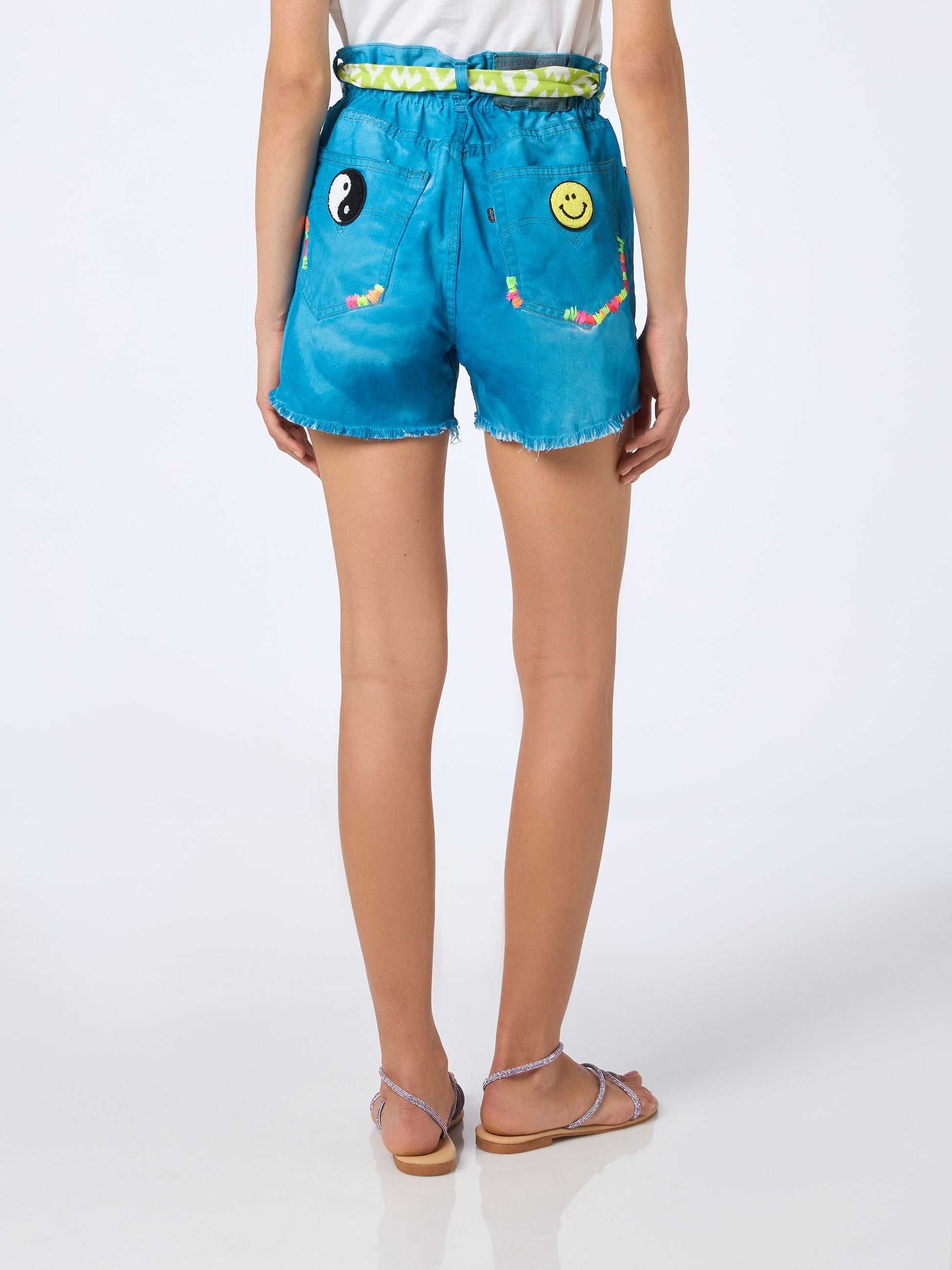Woman upcycled turquoise denim shorts Arizona with embroidery - MC2 Saint Barth