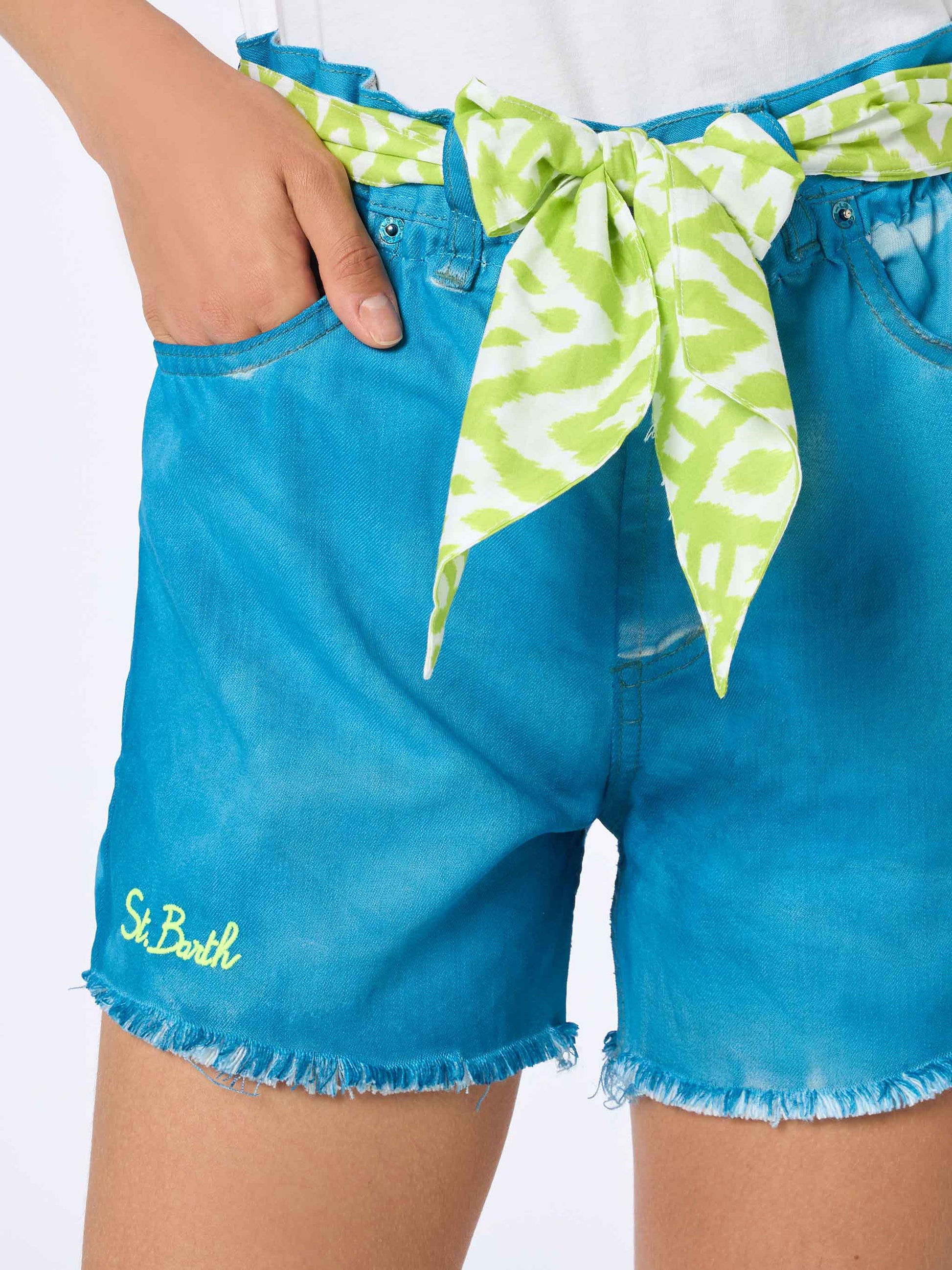 Woman upcycled turquoise denim shorts Arizona with embroidery - MC2 Saint Barth