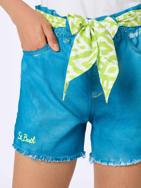Woman upcycled turquoise denim shorts Arizona with embroidery - MC2 Saint Barth