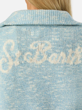 Leichter blue Augustine Wollstrickpullover mit Half-Zip und Logostickerei 