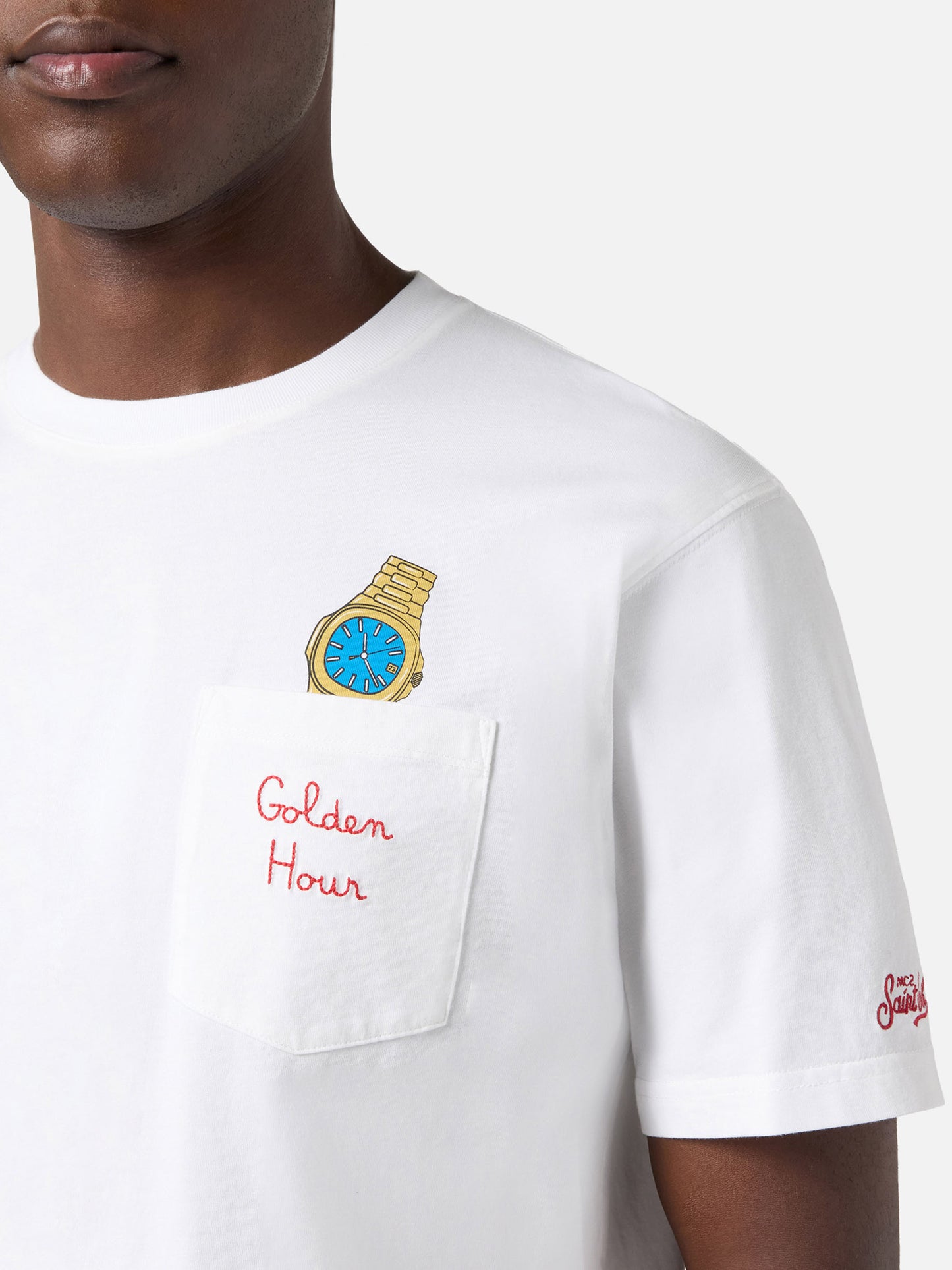 Camiseta Austin blanca con reloj y bordado Golden Hour 