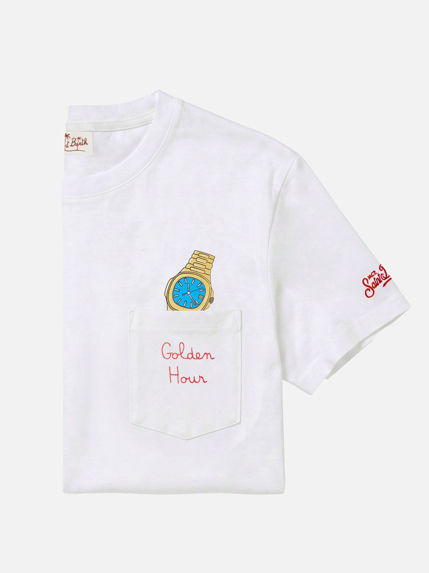Camiseta Austin blanca con reloj y bordado Golden Hour 