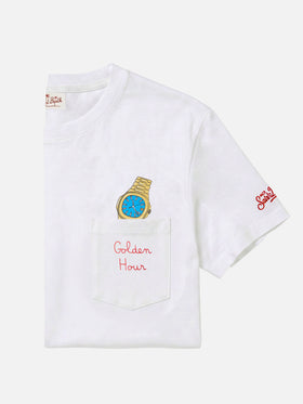 Camiseta Austin blanca con reloj y bordado Golden Hour 