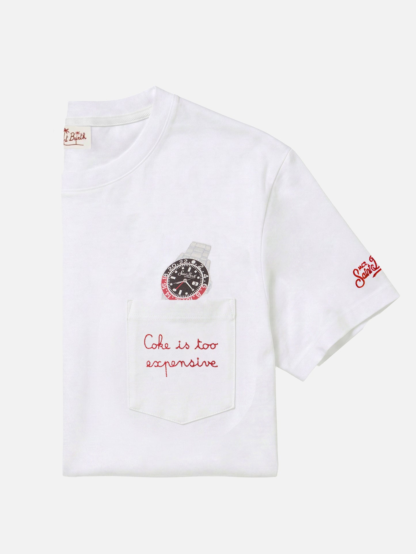 Camiseta Austin blanca con bordado watch y Coke Is Too Expensive 