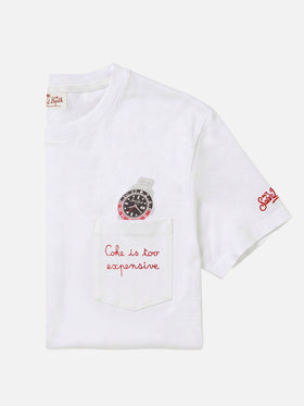 Camiseta Austin blanca con bordado watch y Coke Is Too Expensive 