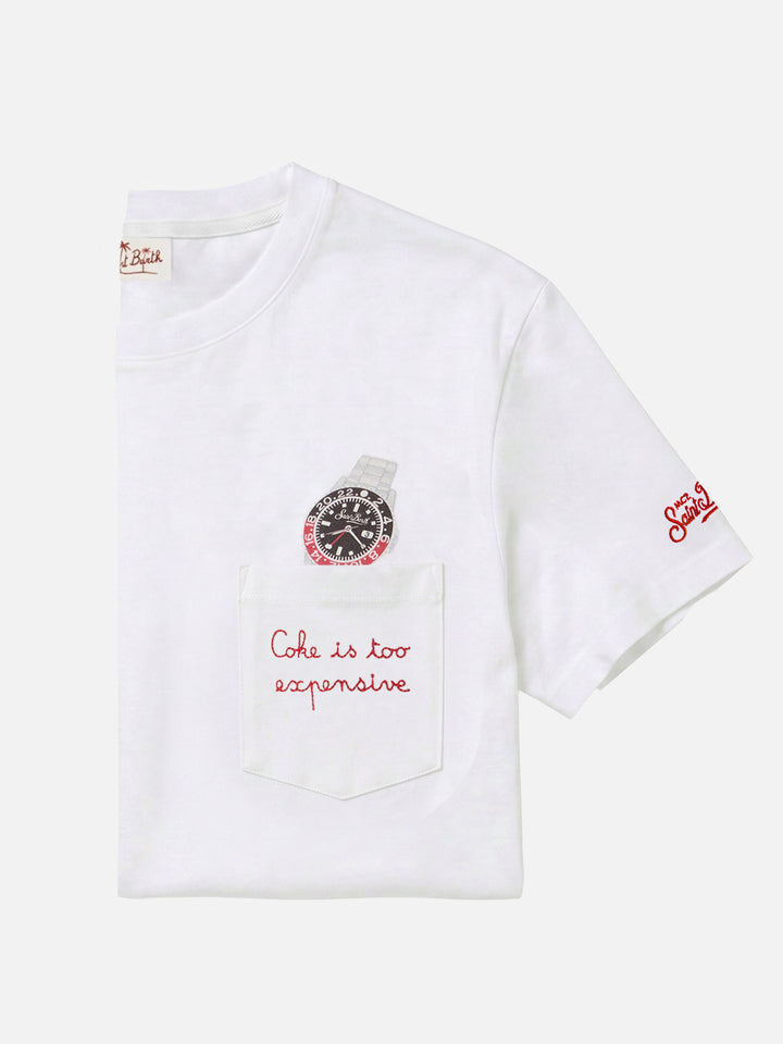 T-shirt Austin bianca con orologio e ricamo Coke Is Too Expensive