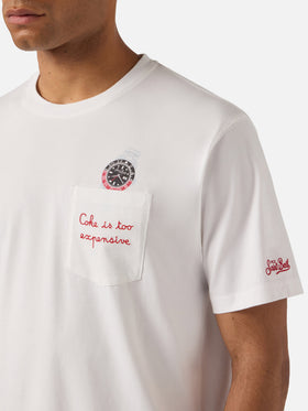 Camiseta Austin blanca con bordado watch y Coke Is Too Expensive 