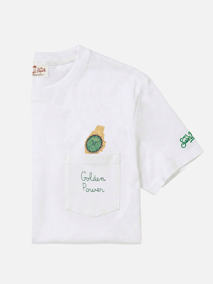 T-shirt Austin bianca con orologio e ricamo Golden Power