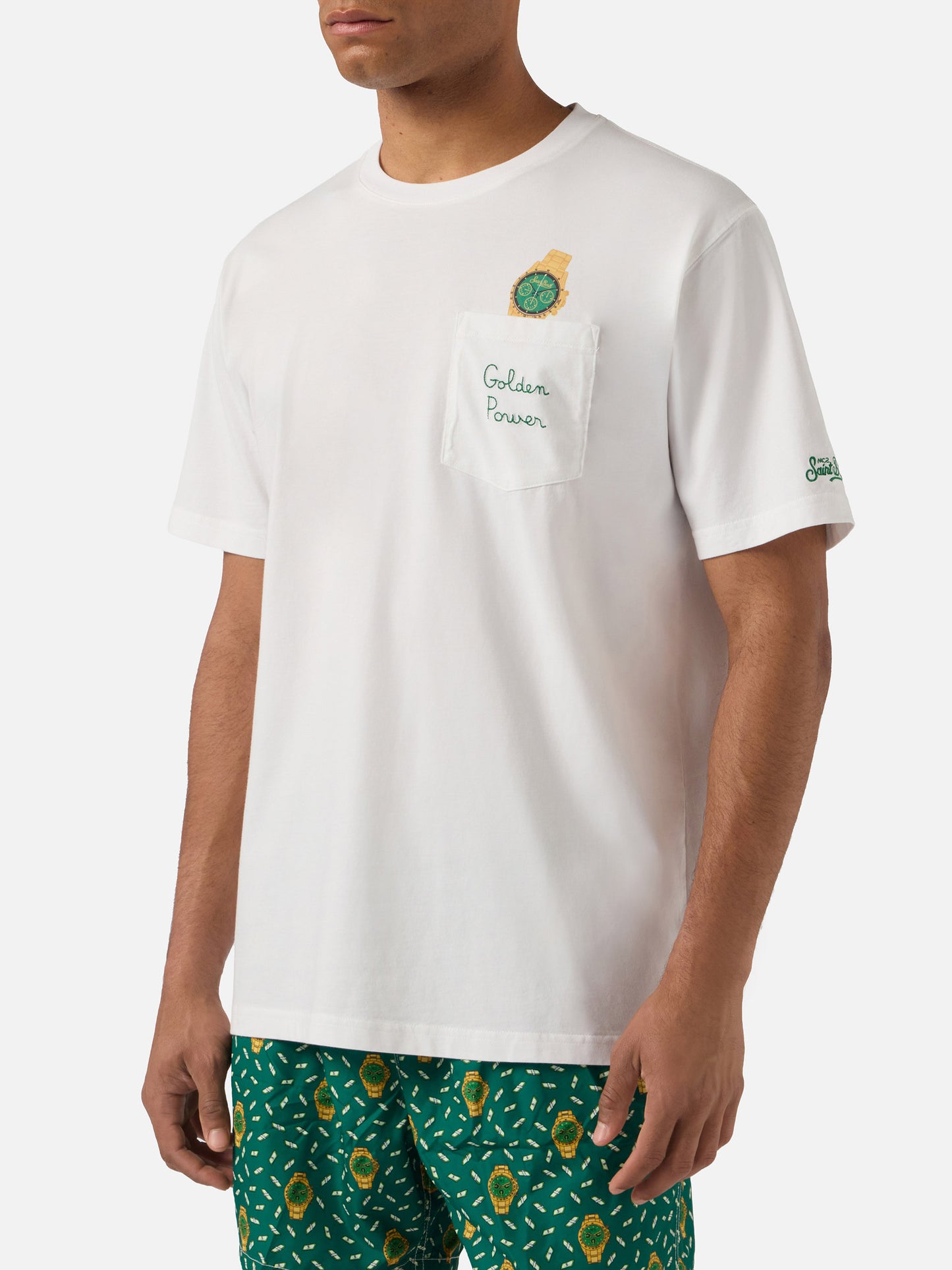 White Austin t-shirt with watch and Golden Power embroidery