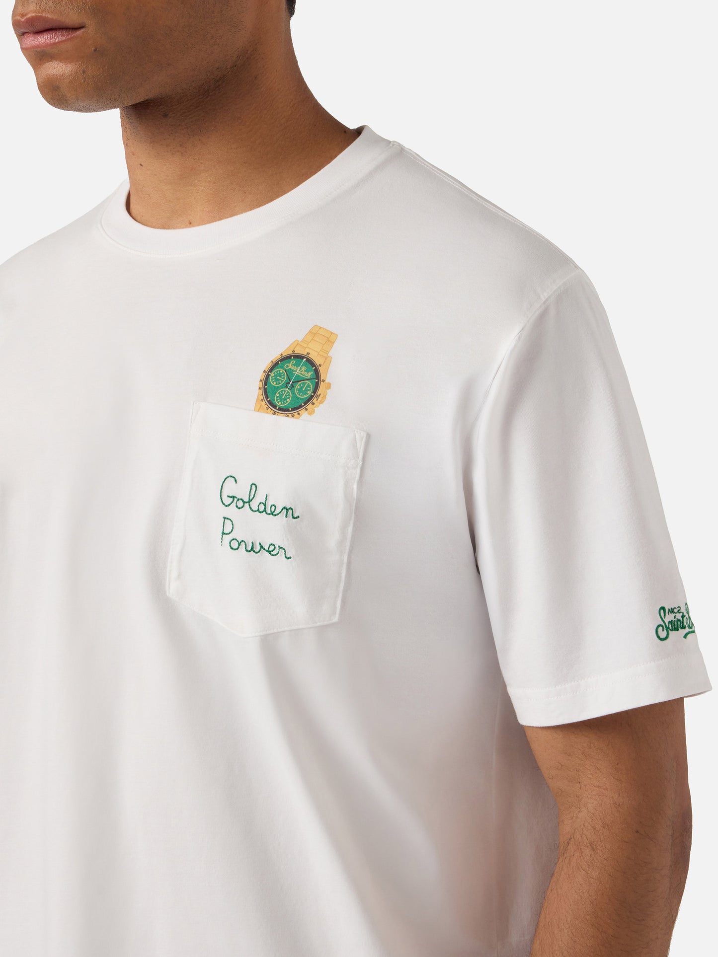White Austin t-shirt with watch and Golden Power embroidery