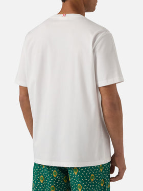 White Austin t-shirt with watch and Golden Power embroidery