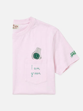 Pink Austin t-shirt with watch and I Am Green embroidery