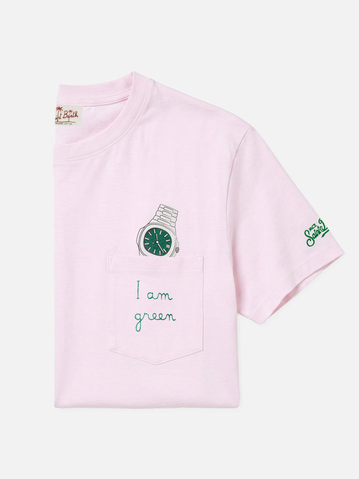Pink Austin t-shirt with watch and I Am Green embroidery