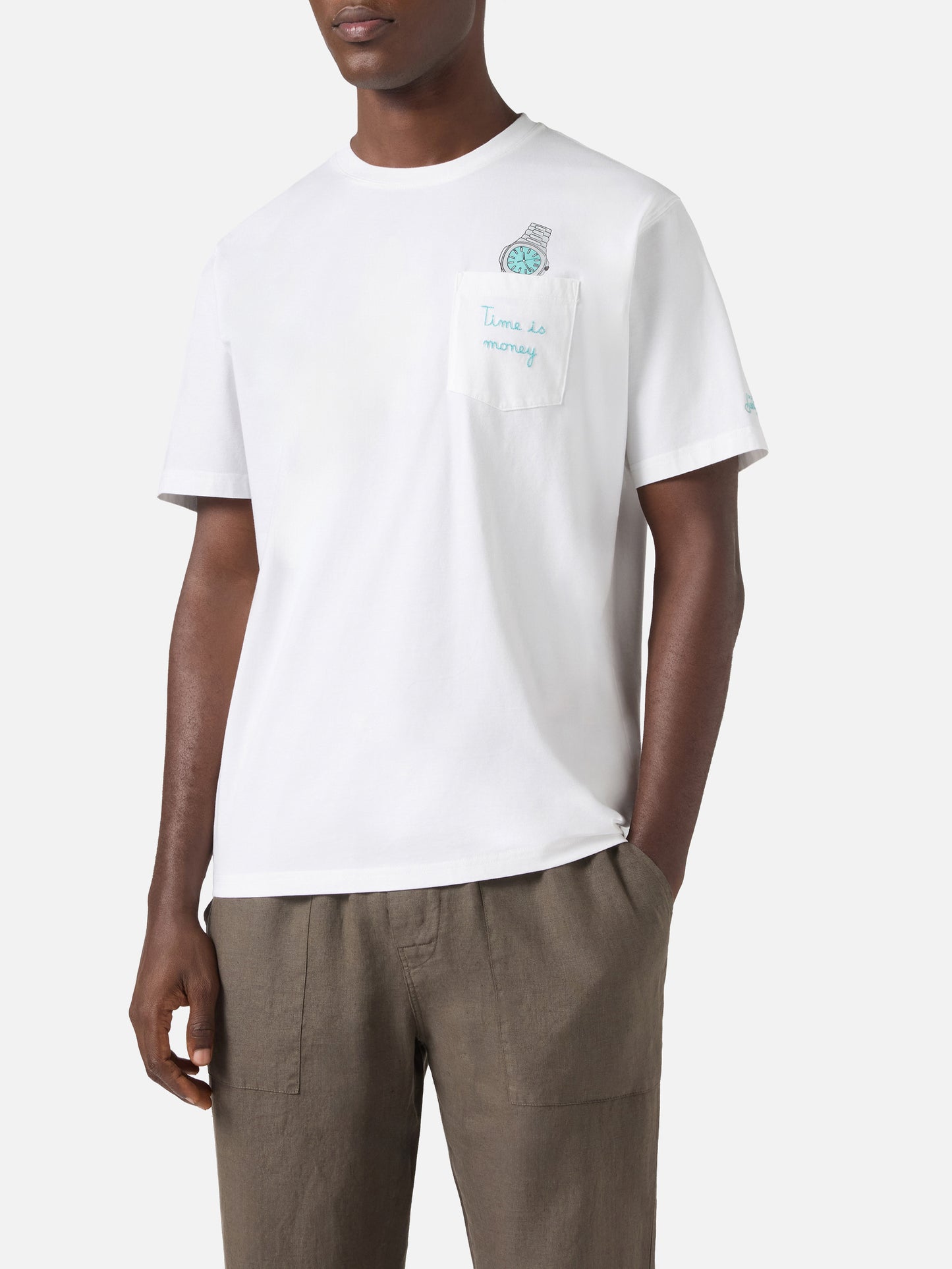 T-shirt Austin bianca con orologio e ricamo Time Is Money