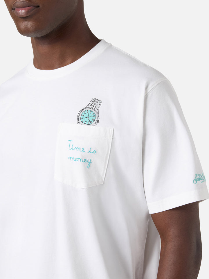 T-shirt Austin bianca con orologio e ricamo Time Is Money