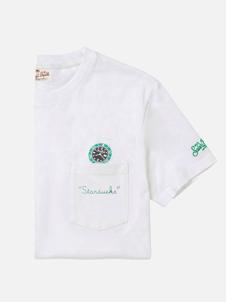 White Austin t-shirt with watch and Starduchs embroidery