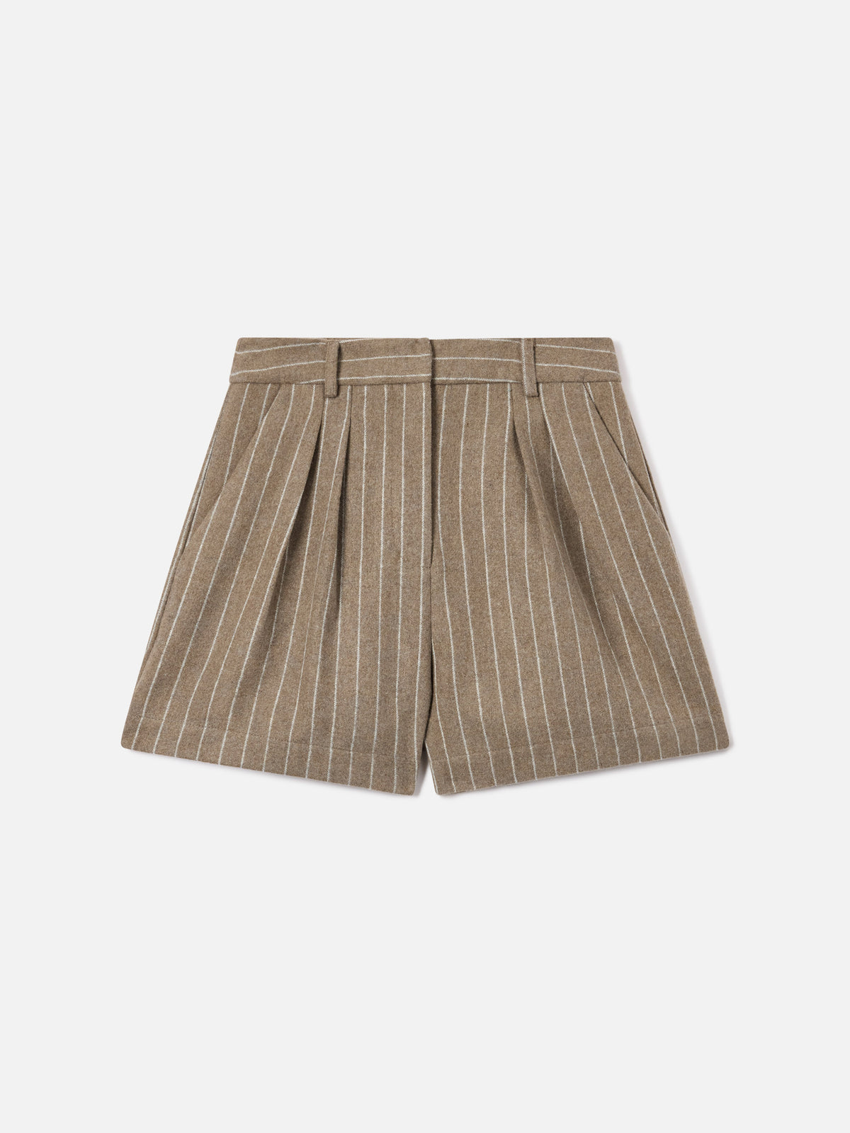 Shorts Aya beige de franela en mezcla de lana con finas rayas diplomáticas 