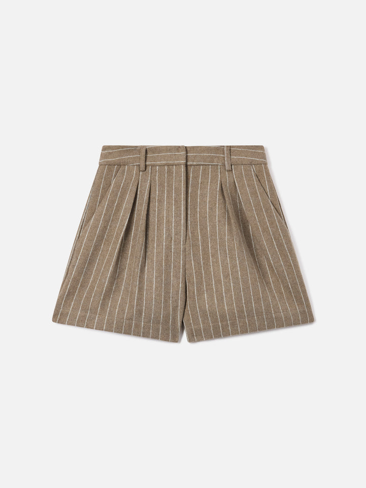 Beige Aya wool blend flannel shorts with pinstripes