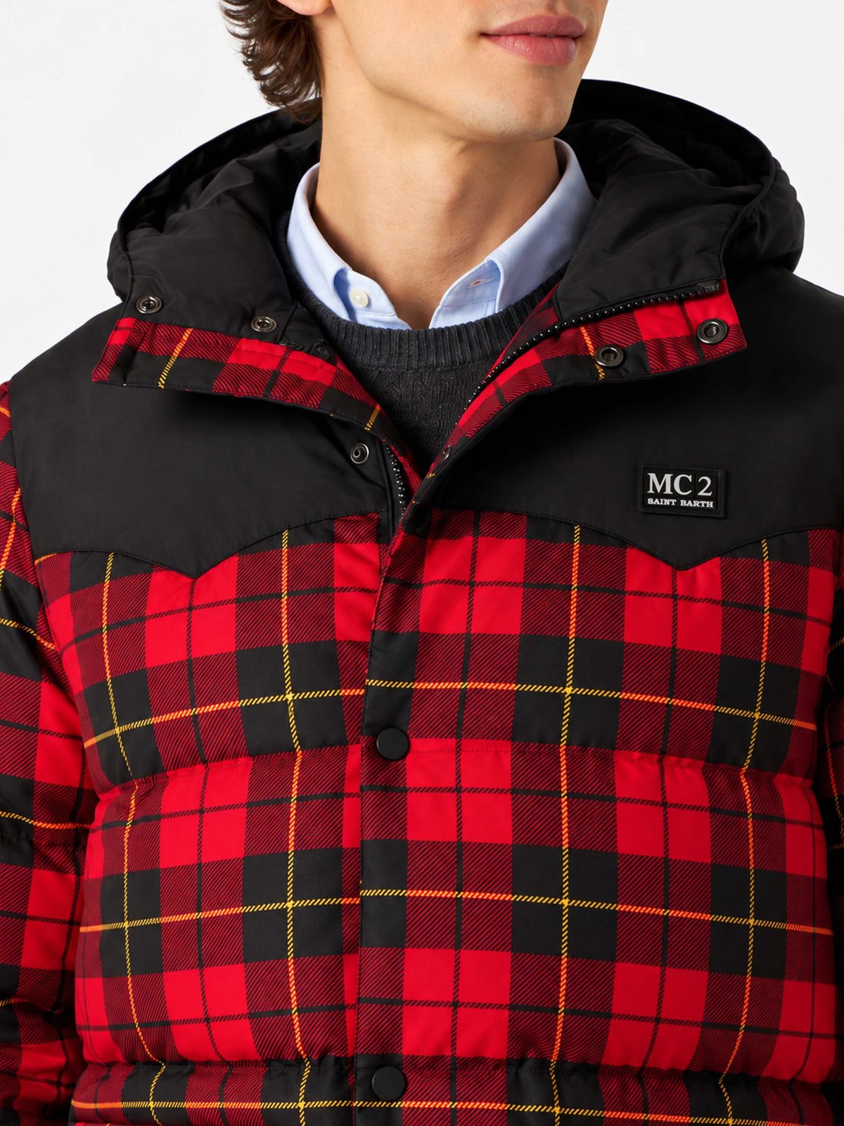 Red Baxter Tex hooded down jacket with tartan print