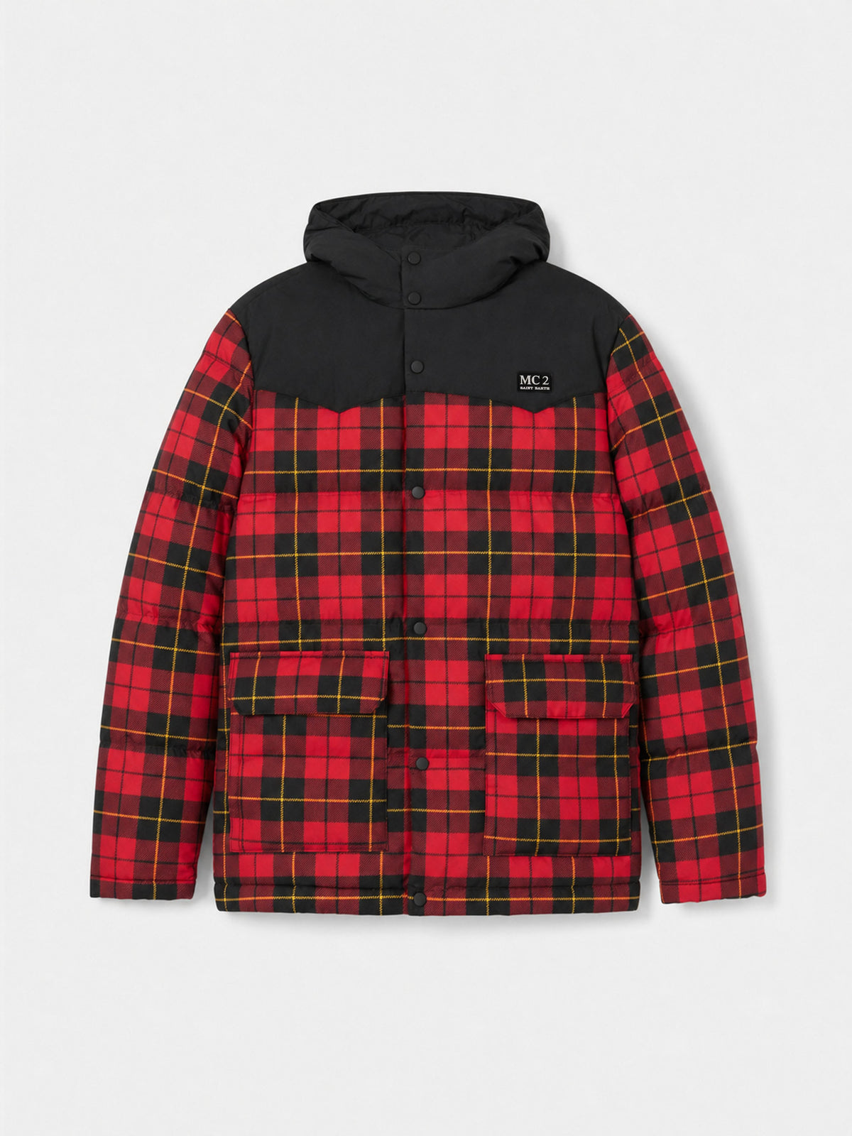 Red Baxter Tex hooded down jacket with tartan print