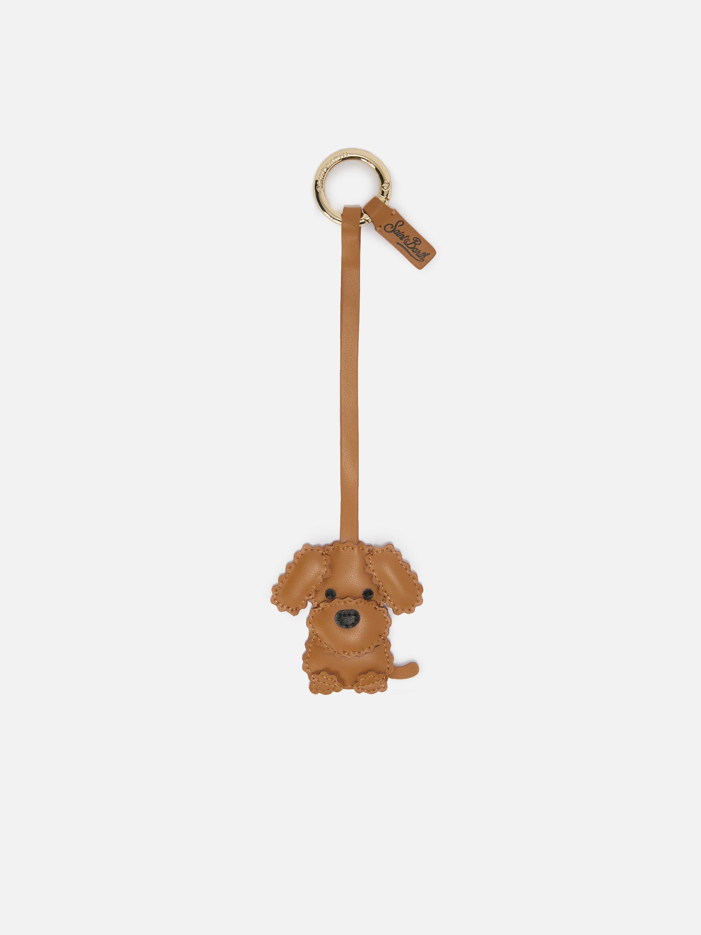 Bag charm a forma di cane in pelle liscia con targhetta logo