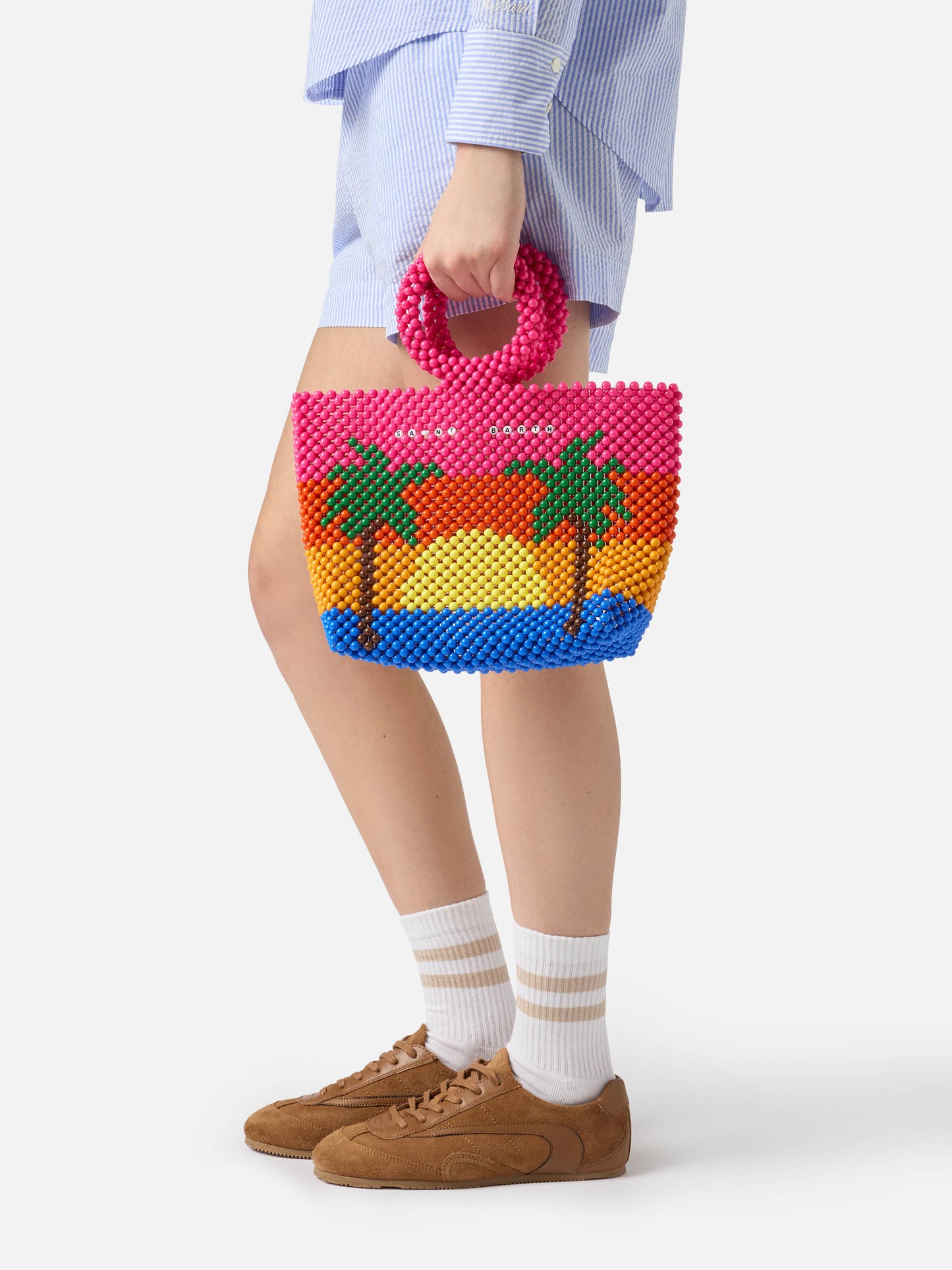 Beaded handbag with stripes