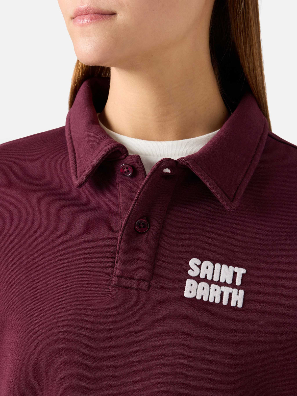 Polo Berenice bordeaux in cotone con stampa Saint Barth in flock