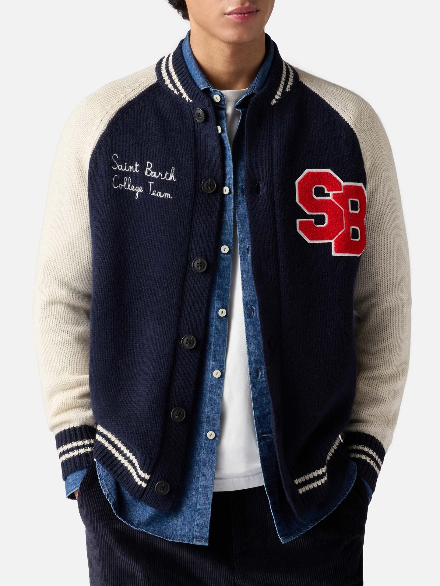 Bomber Benjamin in maglia blu navy stile college