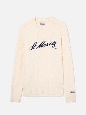 Pull à col rond en maille torsadée Cream avec broderie Bergen | Special edition 