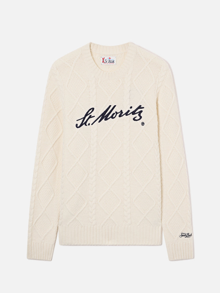 Jersey de punto trenzado color crema con cuello redondo y bordado St. Moritz | Special edition 