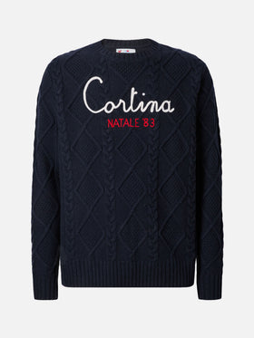 Blue crewneck sweater Bergen Tricot with Cortina Natale '83 embroidery