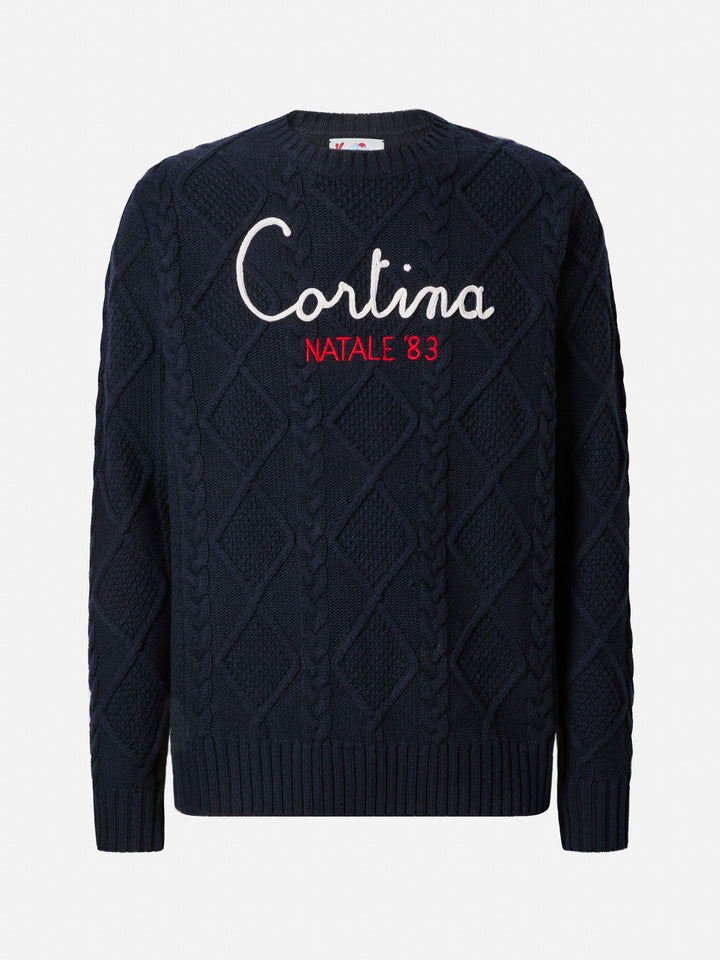 Blauer Rundhalspullover Bergen Tricot mit Cortina Natale '83 Stickerei