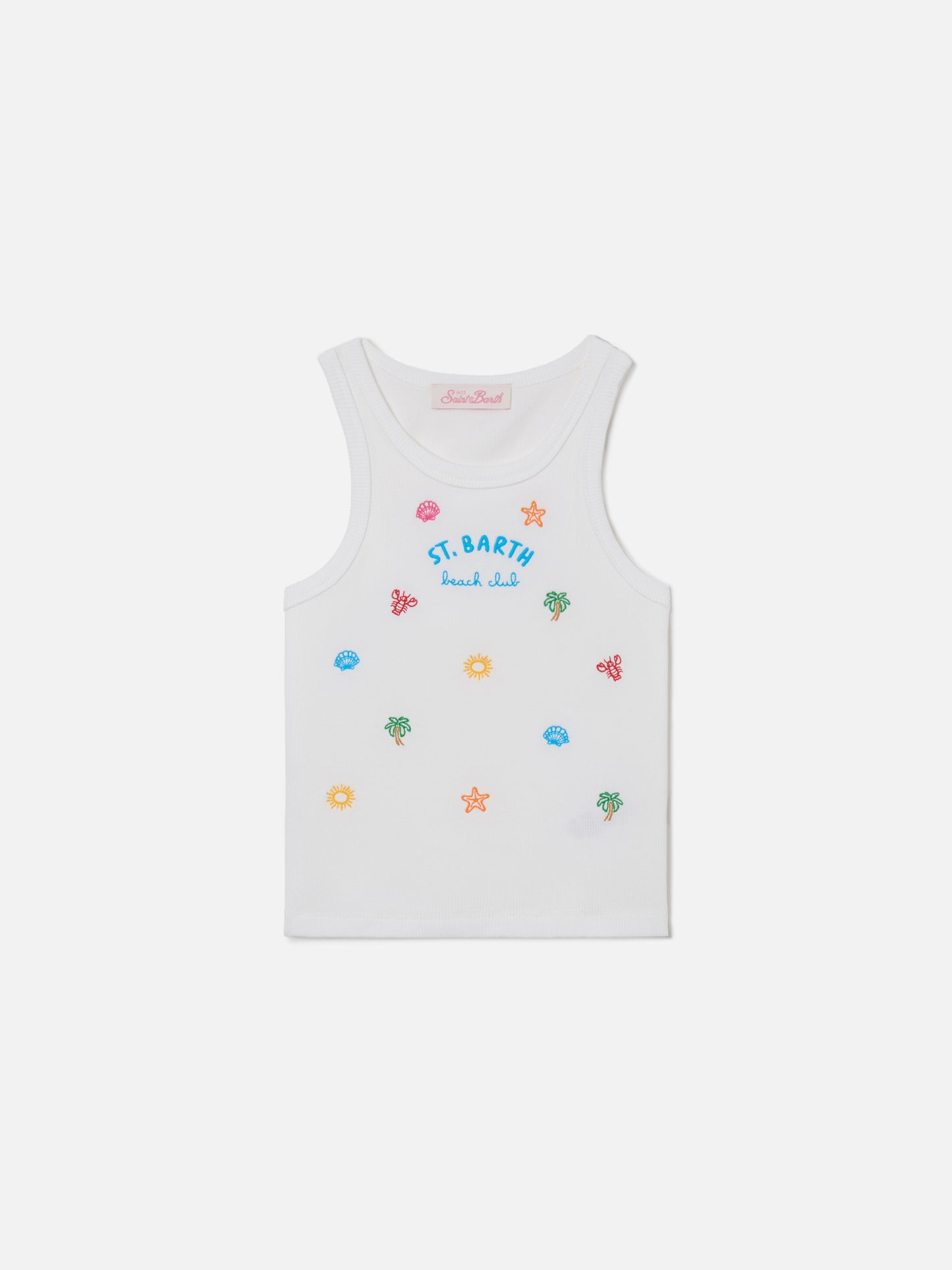 Blue Jr Tank-Top in white stretch cotton with multicolor embroidery