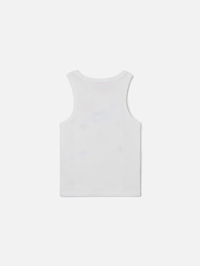 Blue Jr Tank-Top in white stretch cotton with multicolor embroidery