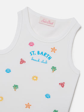Blue Jr Tank-Top in white stretch cotton with multicolor embroidery