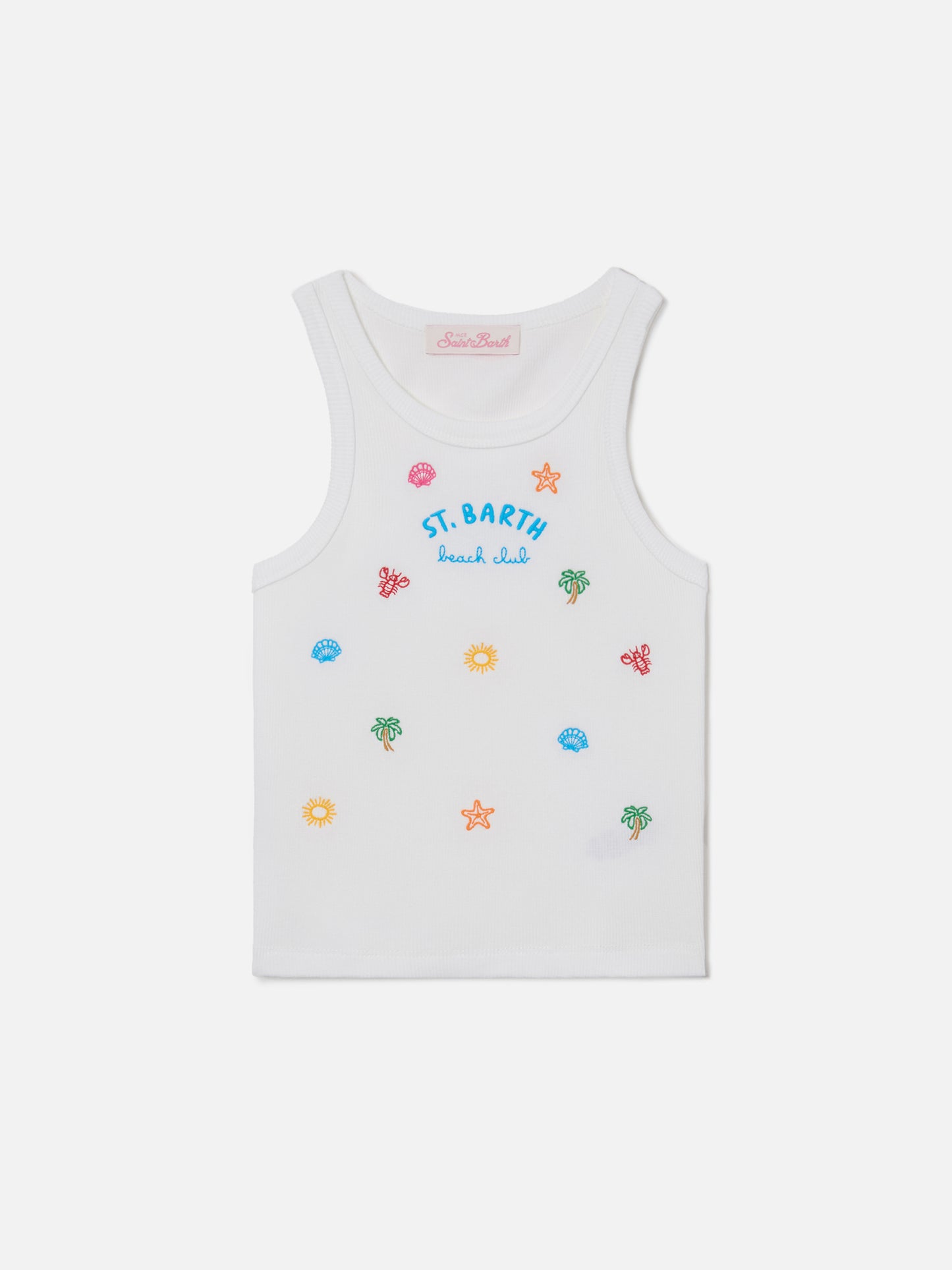 Blue Jr Tank-Top in white stretch cotton with multicolor embroidery