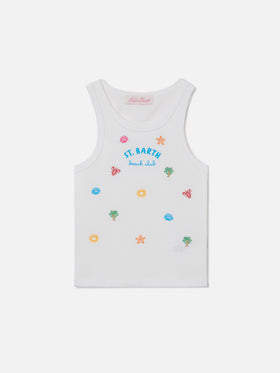 Blue Jr Tank-Top in white stretch cotton with multicolor embroidery