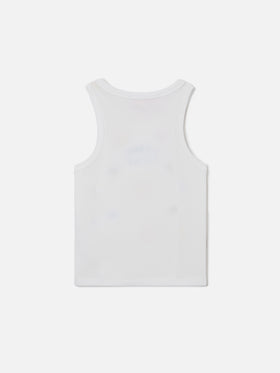 Blue Jr Tank-Top in white stretch cotton with multicolor embroidery