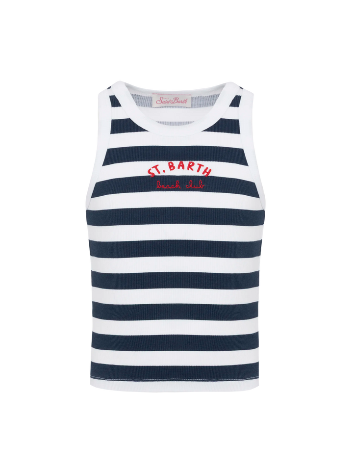 Blue Jr navy blue striped rib-knit cotton crop tank with embroidery - MC2 Saint Barth