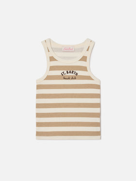 Blue Jr Tank-Top with beige and white stripes and embroidered logo