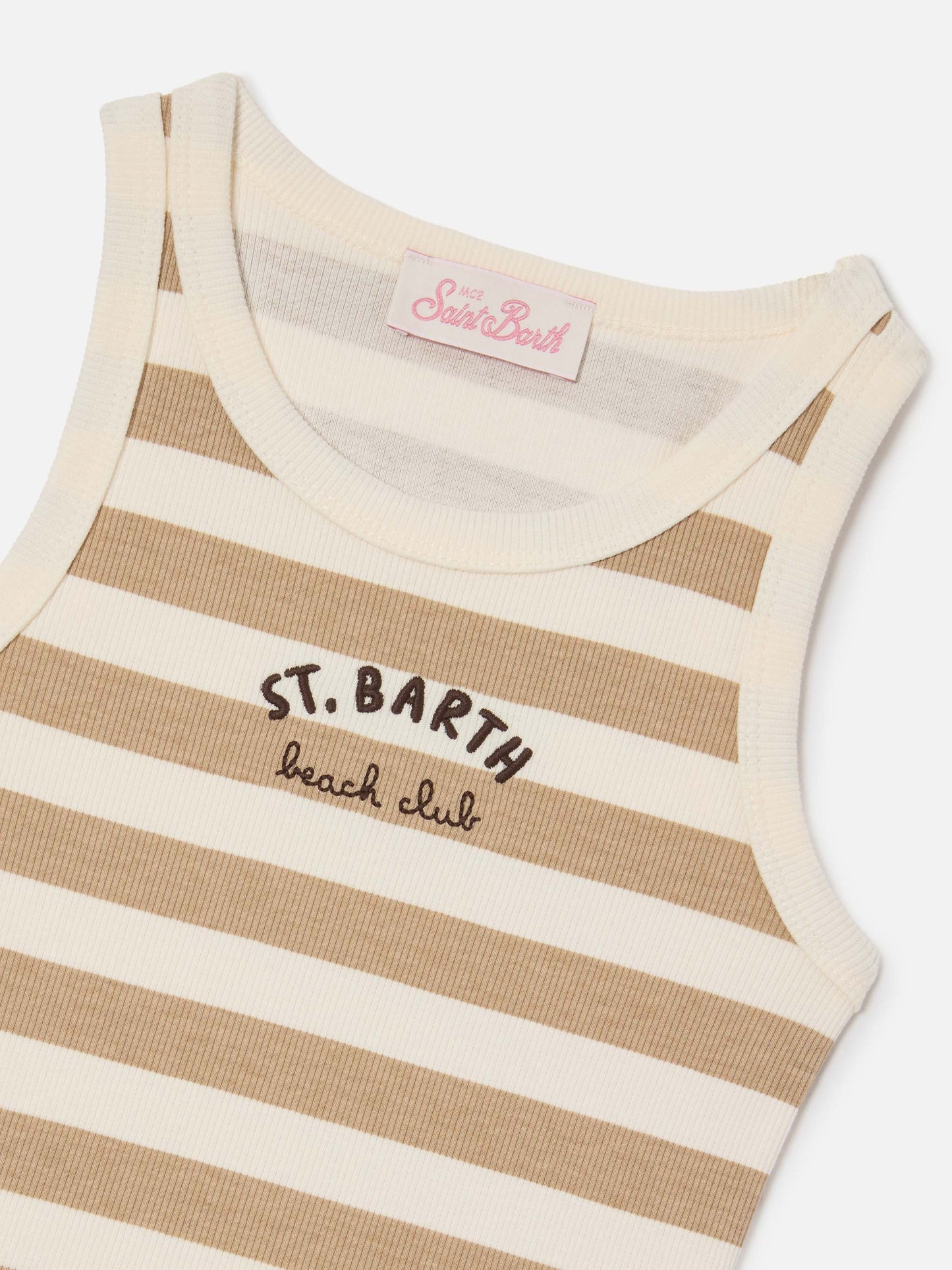 Blue Jr Tank-Top with beige and white stripes and embroidered logo