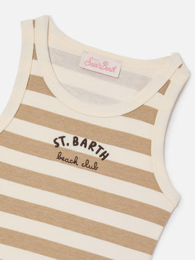 Blue Jr Tank-Top with beige and white stripes and embroidered logo