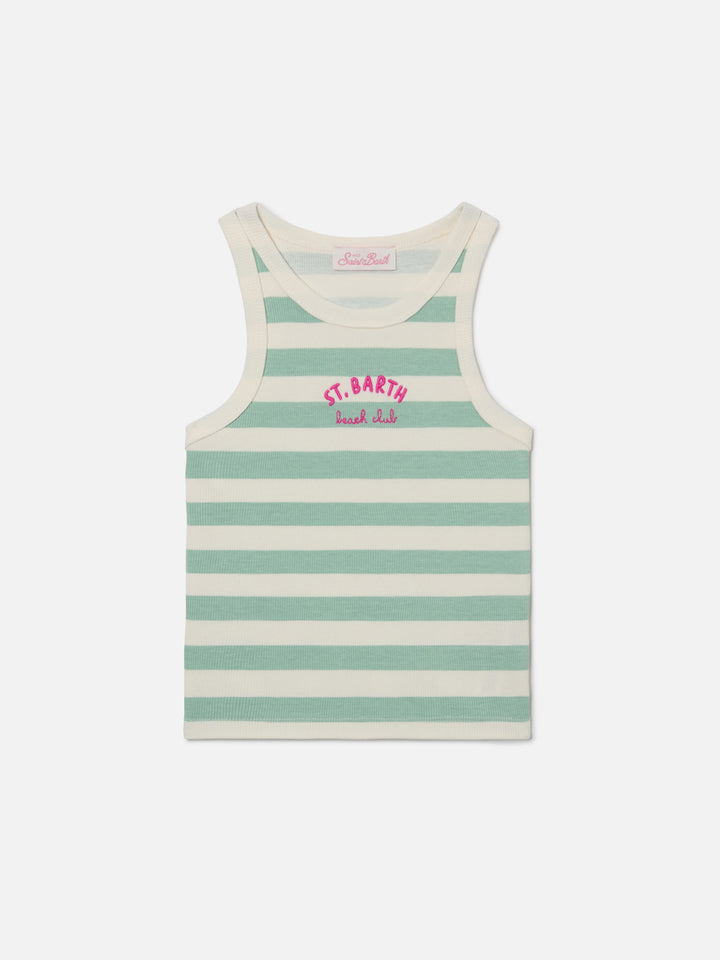Blaues Jr Tank-Top mit grünen und weißen Streifen und gesticktem Logo 