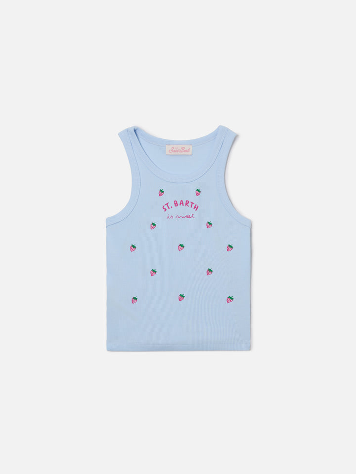 Blue Jr Tank-Top in light blue with St. Barth is sweet embroidery and strawberries