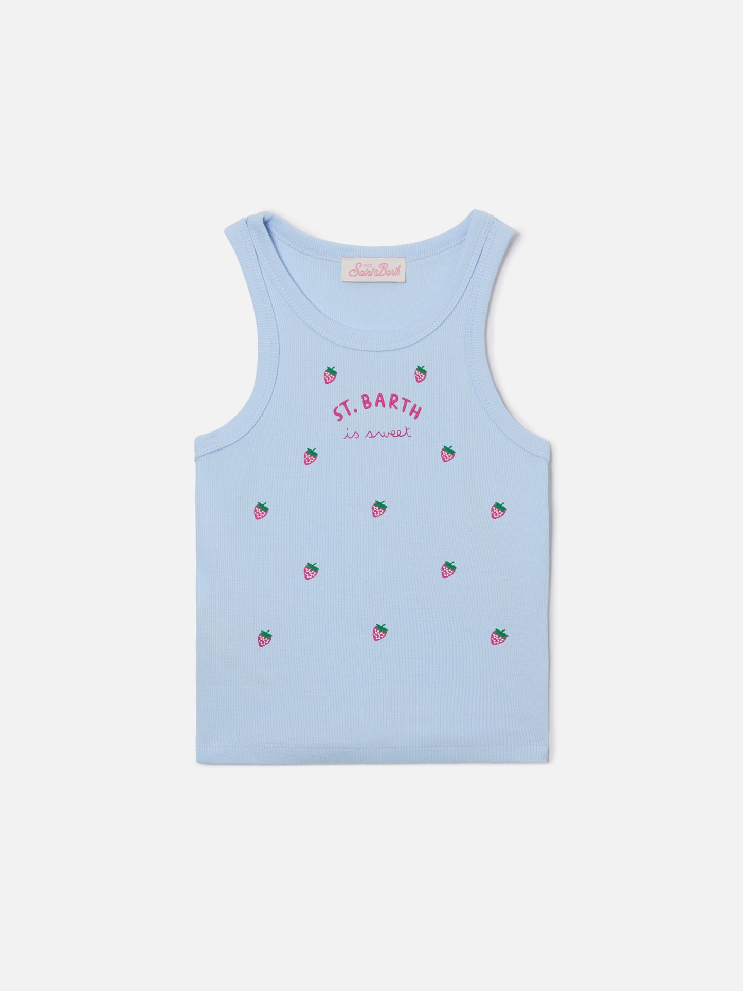 Débardeur Blue Jr bleu clair avec broderie St. Barth is sweet et fraises 