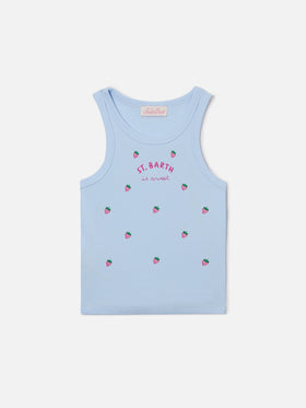 Débardeur Blue Jr bleu clair avec broderie St. Barth is sweet et fraises 